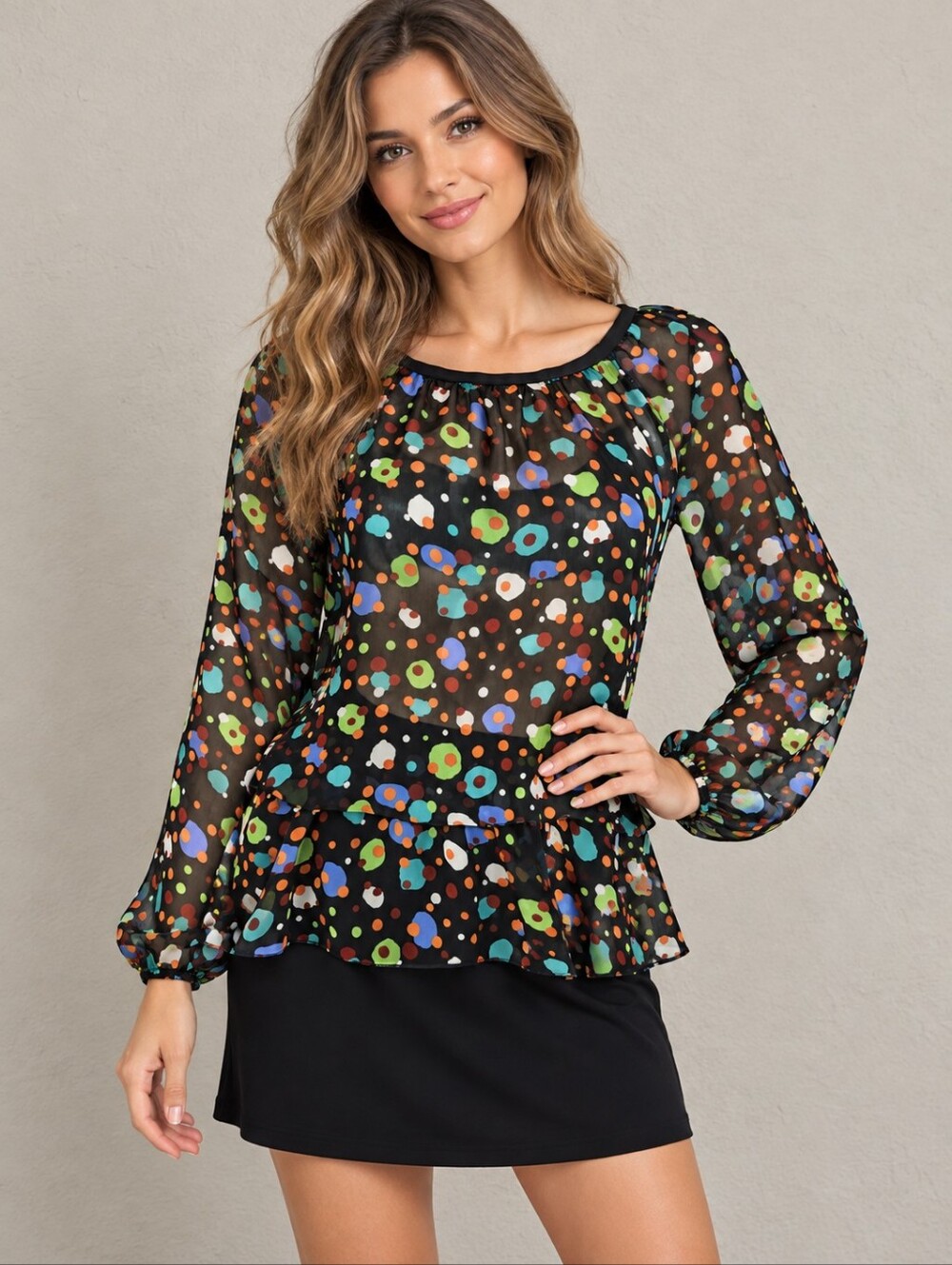 LILY WHITE Sheer Black Multi-Color Printed Peplum Tie Waist Blouse